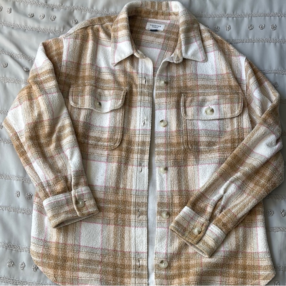 American Eagle Outfitters Tan and White Flannel Shirt Jacket